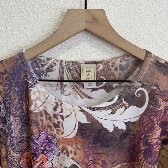 Jess & Jane Top Womens XL Beige Floral Colorful Artsy Boho Asymmetric Comfy USA - Picture 6 of 15